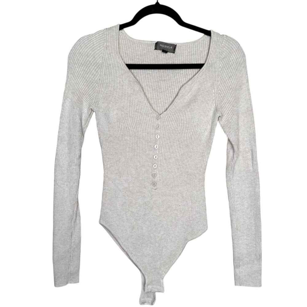 4Sienna Soft Ribbed Deep V-neck Bodysuit Cream Sz Medium Minimalist Clean Girl
